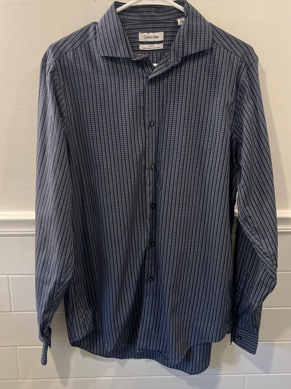 Calvin Klein White and Blue Plaid / Striped Pattern Button-up Long Sleeve Shirt